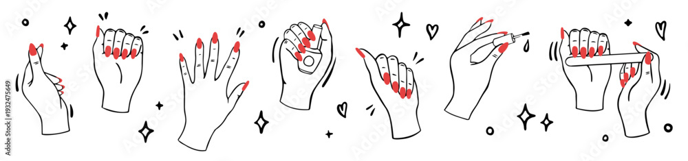 Fototapeta premium manicure process doodle set with female hands and red nails