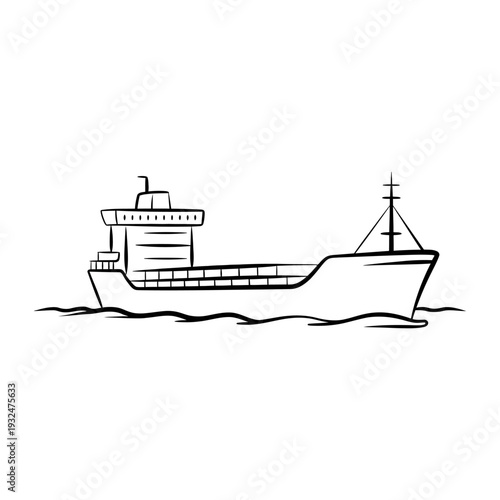Cargo ship line art illustration isolated on white background