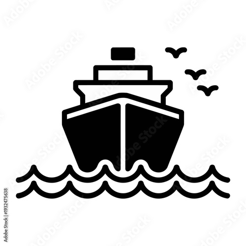 Cruise ship icon with waves and seagulls isolated on white background
