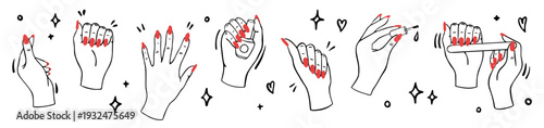 manicure process doodle set with female hands and red nails