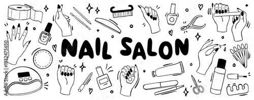 nail salon doodle set with manicure tools and hands illustration