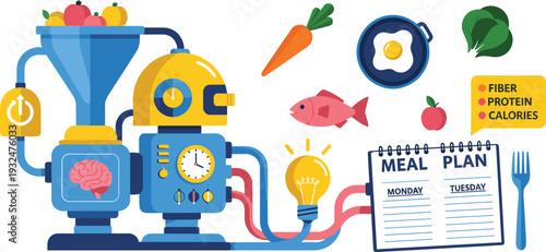 Meal Planning and Healthy Nutrition Concept Illustration with Food Processing Machine, Meal Plan Calendar, and Fresh Ingredients