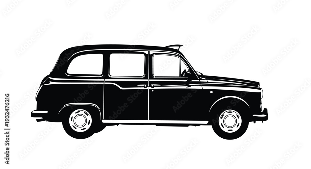 Fototapeta premium Classic british taxi car side profile in a stark black silhouette