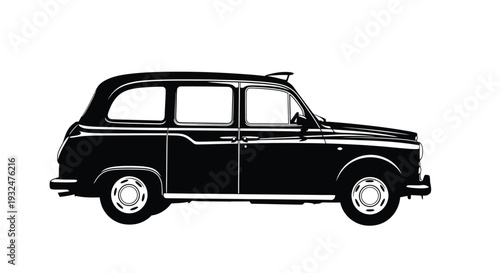 Classic british taxi car side profile in a stark black silhouette