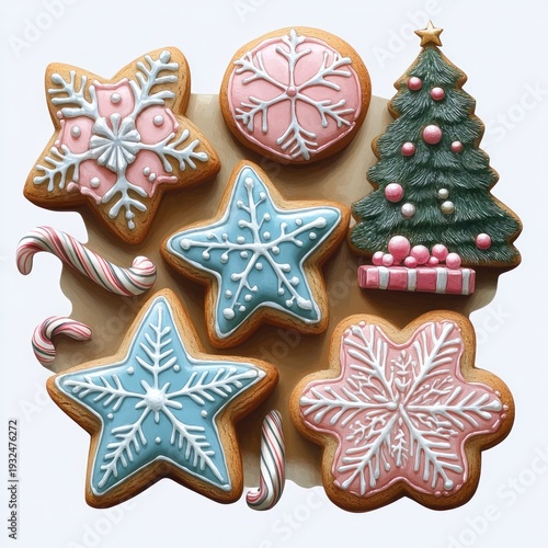 Festive assortment of decorated gingerbread cookies with blue and pink snowflake and star icing, a decorated Christmas tree cookie and striped candy canes evoking cozy holiday cheer
