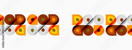 Retro pattern features repeating circles, squares, brown, orange hues. Simple design creates vintage aesthetic. Clean lines, modern feel.