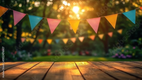 wooden table with colorful pennant bunting in a sunlit garden at golden hour, warm festive and cheerful mood