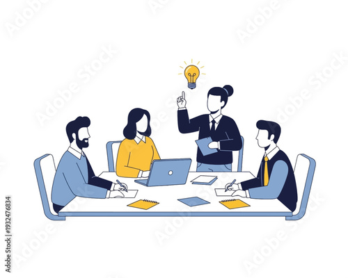Dynamic business team vector illustration shows professionals collaborating, brainstorming new ideas, and developing strategies in a modern office meeting.