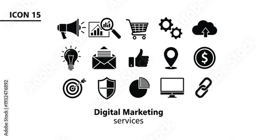 Collection of digital marketing icons in a clean black silhouette