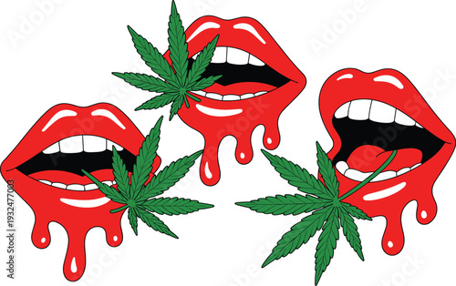 Dripping Red Lips with Marijuana Leaves Vector Illustration