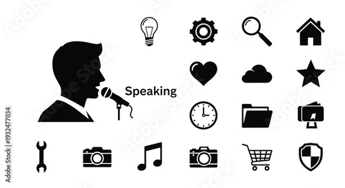 Man speaking into a microphone with various icons a black silhouette