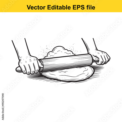 Rolling Pin Illustration with Hands Kneading Dough - Vector Graphic
