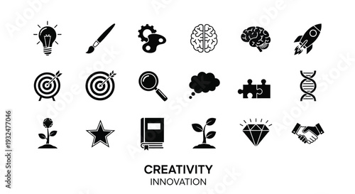 Collection of black icons representing creativity innovation and ideas silhouette
