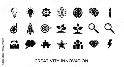 Collection of black icons representing ideas creativity and innovation silhouette