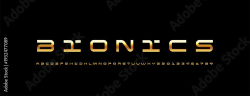 Technical font, digital wide alphabet, cyber golden letters from A to Z and numbers from 0 to 9 for you logo designs, vector illustration 10EPS