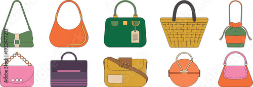 Fashion Handbag Collection Vector Set with Diverse Purse Styles and Tote Bags