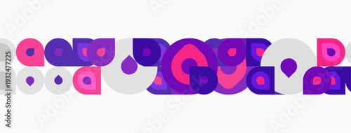 Abstract pattern features overlapping purple, lilac circles, dots. Minimalist design creates playful, modern aesthetic. Simple shapes repeat.