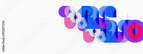 Abstract design features overlapping colorful circles. Pink, blue hues dominate white background. Modern, playful composition.