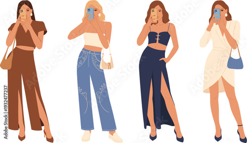 Fashionable Young Women Taking Mirror Selfies - Stylish Female Characters with Smartphones and Handbags Illustration Set