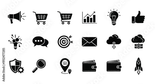 Collection of black vector icons representing business and marketing silhouette