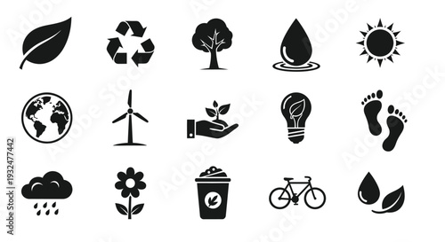 Environmental icons depicting sustainability and nature black silhouette