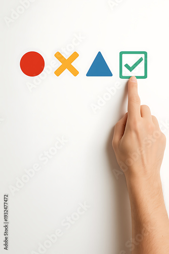 A finger points to a checklist with various symbols to choose from on a plain surface, requiring a decision to tick or cross.