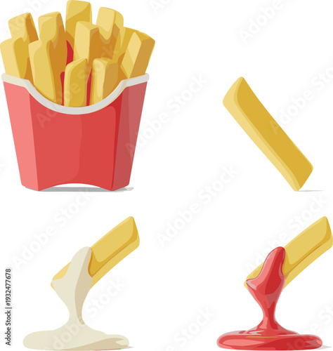 French Fries Vector Set with Red Carton and Ketchup and Mayonnaise Dipping Sauces