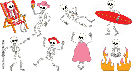 Funny Skeleton Characters on Summer Vacation - Beach Day Skulls Sunbathing and Surfing Illustration Set