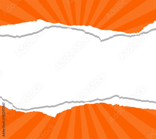 Orange sunburst background with white torn paper center. Ripped paper frame with radial rays for sale, promo, or comic design. Blank space for text or message