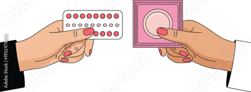 Hands Holding Birth Control Pills and Condom Packet Illustration for Contraception and Sexual Health Concepts