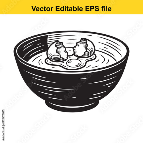 Poached Eggs in Bowl Black and White Illustration