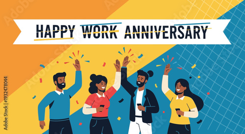 Celebratory work anniversary illustration with cheering people silhouette