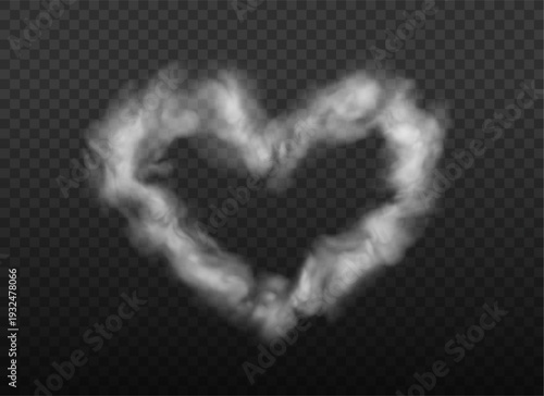 White heart smoke frame. Vector steam illustration, love concept. Fluffy cloud, valentines day background with transparency.