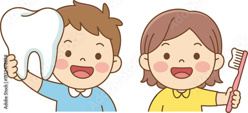 Happy Children with Large Tooth and Toothbrush - Pediatric Dental Care and Hygiene Vector