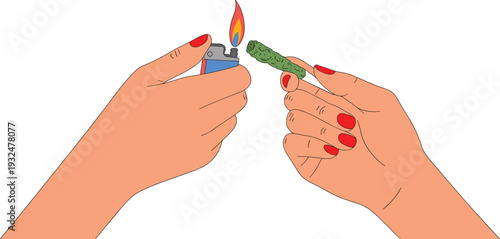 Hands Lighting a Cannabis Joint with Lighter Illustration - Female Hands with Red Nails and Marijuana Cigarette