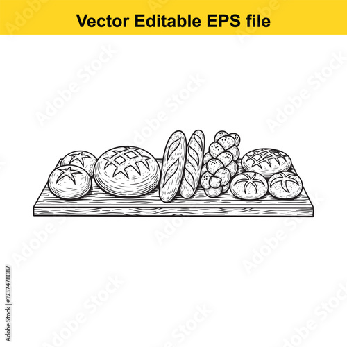 Hand Drawn Bread Vector Illustration on Wooden Board