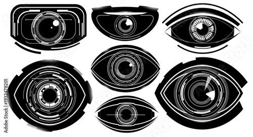 Intricate digital eye illustrations showcasing detailed iris and pupil designs in various shapes.
