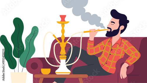 Man Relaxing on Sofa Smoking Hookah Shisha Vector Illustration