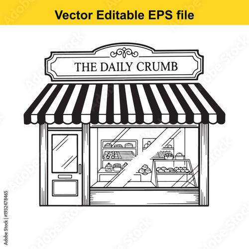 Bakery Storefront Illustration with Striped Awning - Vector Design