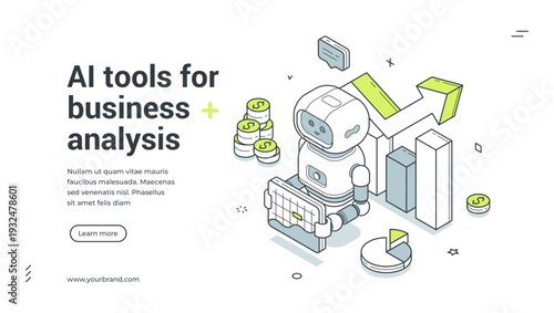 AI tools for business analysis isometric banner template. Artificial intelligence for data analytics and financial growth vector illustration. Modern web design for automation and marketing strategy