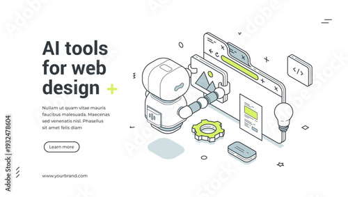 AI tools for web design isometric banner template. Artificial intelligence for website creation and UI UX development vector illustration. Modern concept for automation service
