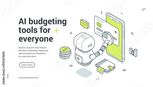 AI budgeting tools isometric banner template. Personal finance management and mobile payment service vector illustration. Modern web design for online banking, money savings and economy analysis