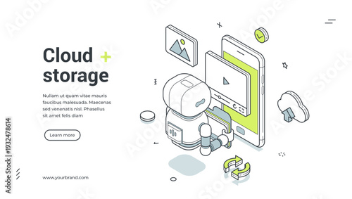 Cloud storage isometric banner. Data backup and file sync service vector illustration. Robot with smartphone for online media content hosting. Web template for landing page