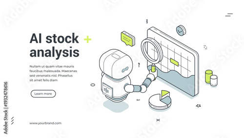 AI stock analysis isometric banner. Robot with magnifier for market analytics and trading. Financial technology web template. Investment service vector illustration for modern landing page