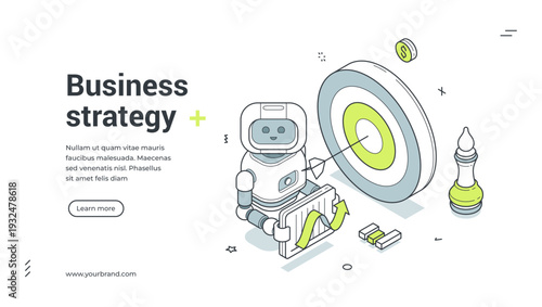 Business strategy isometric banner template. AI robot for goal targeting and market analysis vector illustration. Modern web design for corporate planning and development landing page
