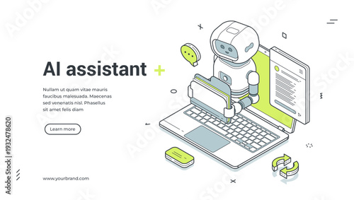 AI assistant isometric banner. Chatbot for customer support and online service vector illustration. Robot on laptop for virtual help and technical consultation. Web template for landing