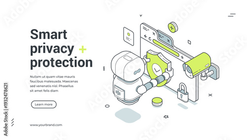 Smart privacy protection isometric banner. Robot for data security and web safety. Modern template vector illustration for a landing page and cybersecurity service