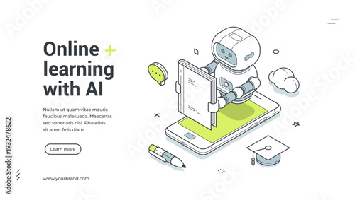 Online learning with AI isometric banner. Robot for digital education and mobile e-learning. Modern web template vector illustration for a landing page and educational service
