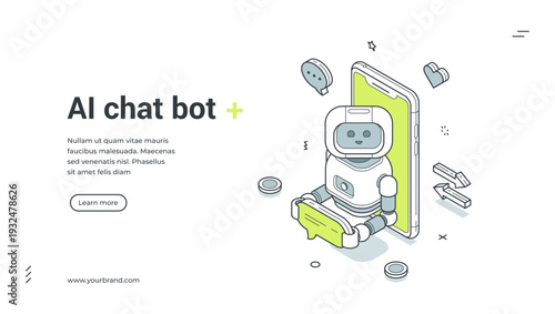 AI chat bot isometric banner. Robot for online customer support and mobile assistance. Modern web template vector illustration for a landing page and virtual help service
