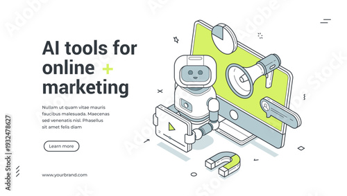 AI tools for online marketing isometric banner template. Automation service for SMM promotion and digital advertising vector illustration. Modern web design for customer attraction and engagement